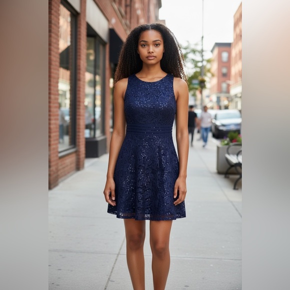 Speechless Dresses & Skirts - Speechless Navy Lace Sequin Fit & Flare Mini Dress